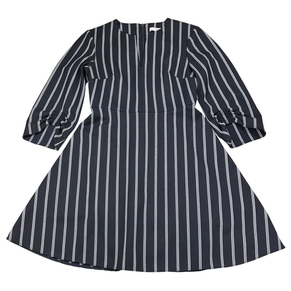 TIBI Felix Split Neck Gathered Blouson Sleeve Pinstripe Dress Size 2 Navy White - Picture 3 of 7